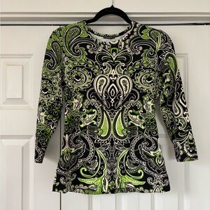 J. McLaughlin Black, Green & White Paisley Long-Sleeve Top Size S